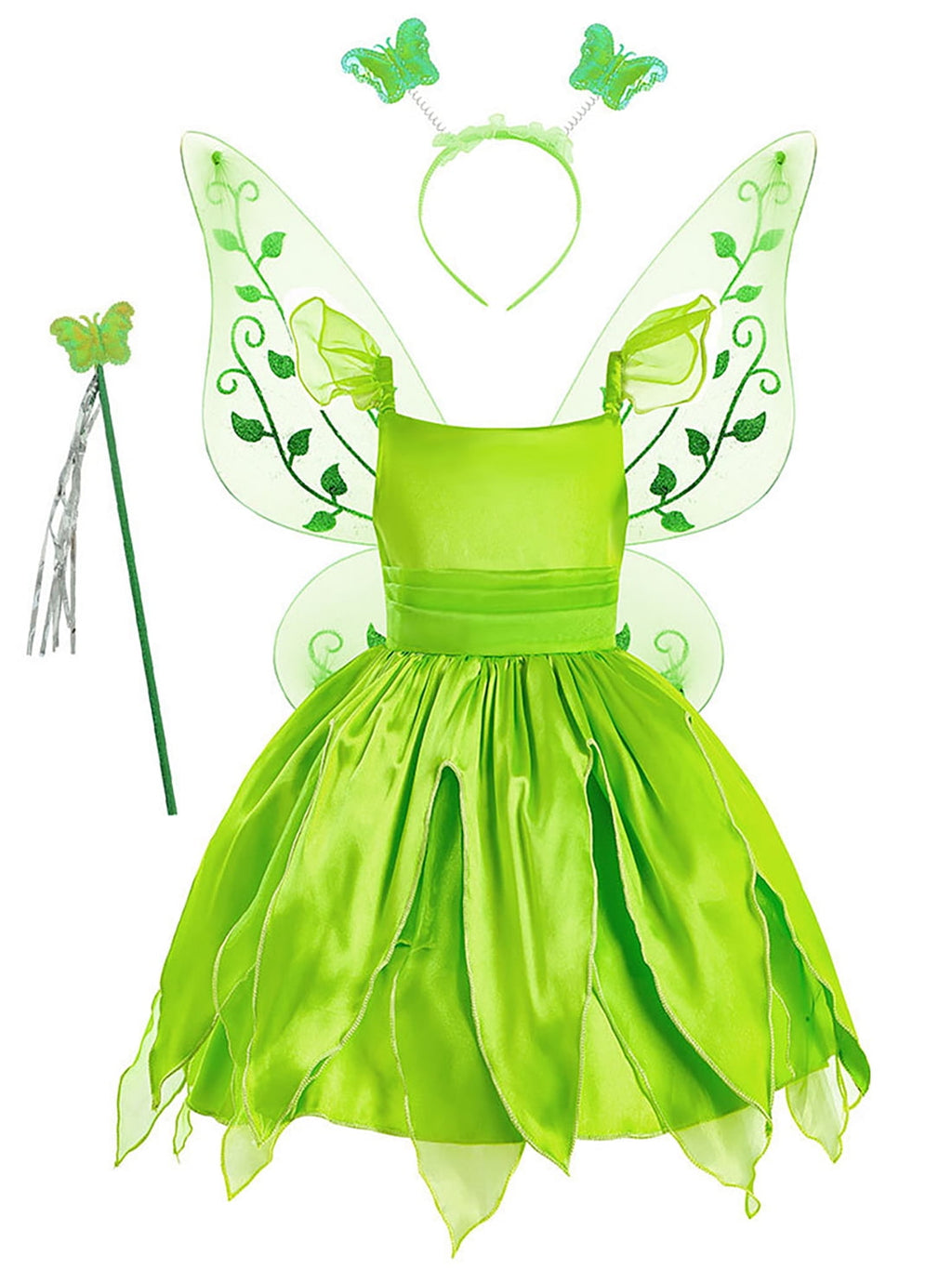  2-10Y Green Fairy Princess Dresses for Girls Christmas Halloween Costume Cosplay Dress Up with Wing & Accessories